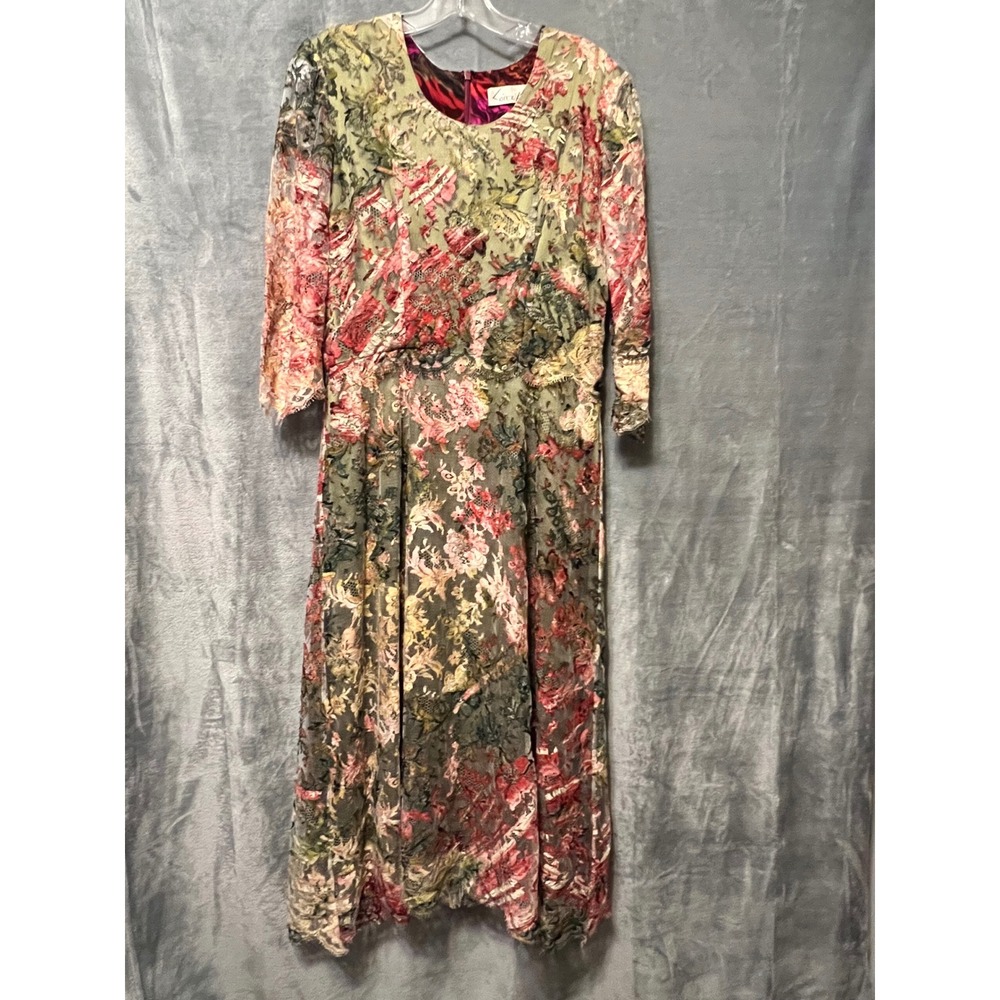 Vintage Lopez Knudsen Floral Lace Dress Womens Small‎ Olive Pink Midi Sheath